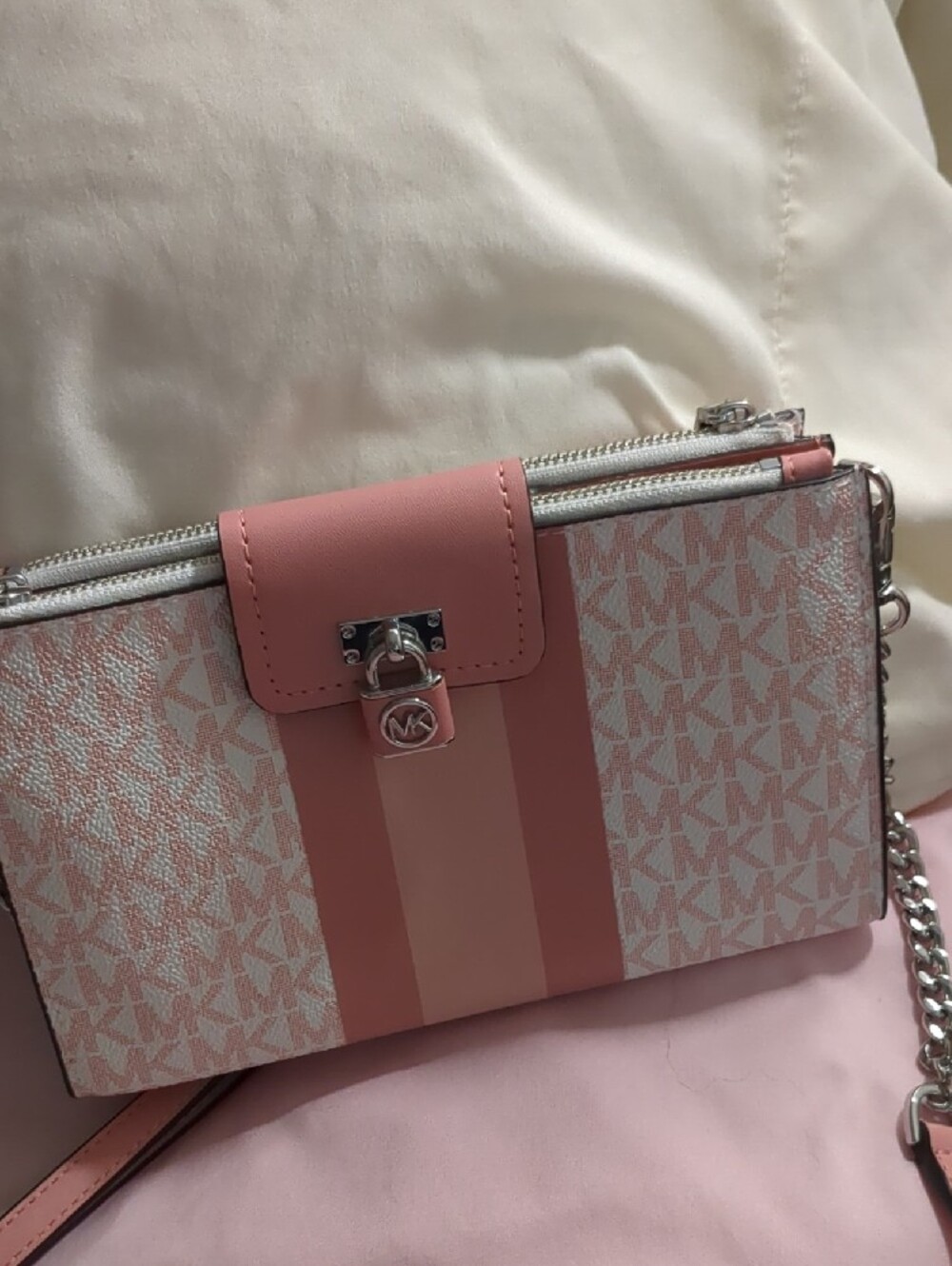 Michael Kors Pink Signature Stripe Crossbody Pouch with Silver Hardware - Picture 5 of 6